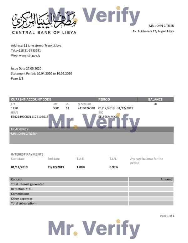 Libya Central Bank of Libya proof of address bank statement template in Word and PDF format (.doc and .pdf)