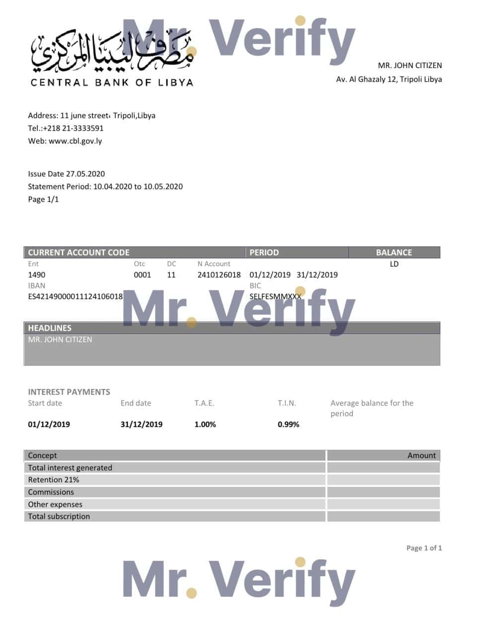 Libya Central Bank of Libya proof of address bank statement template in Word and PDF format (.doc and .pdf)