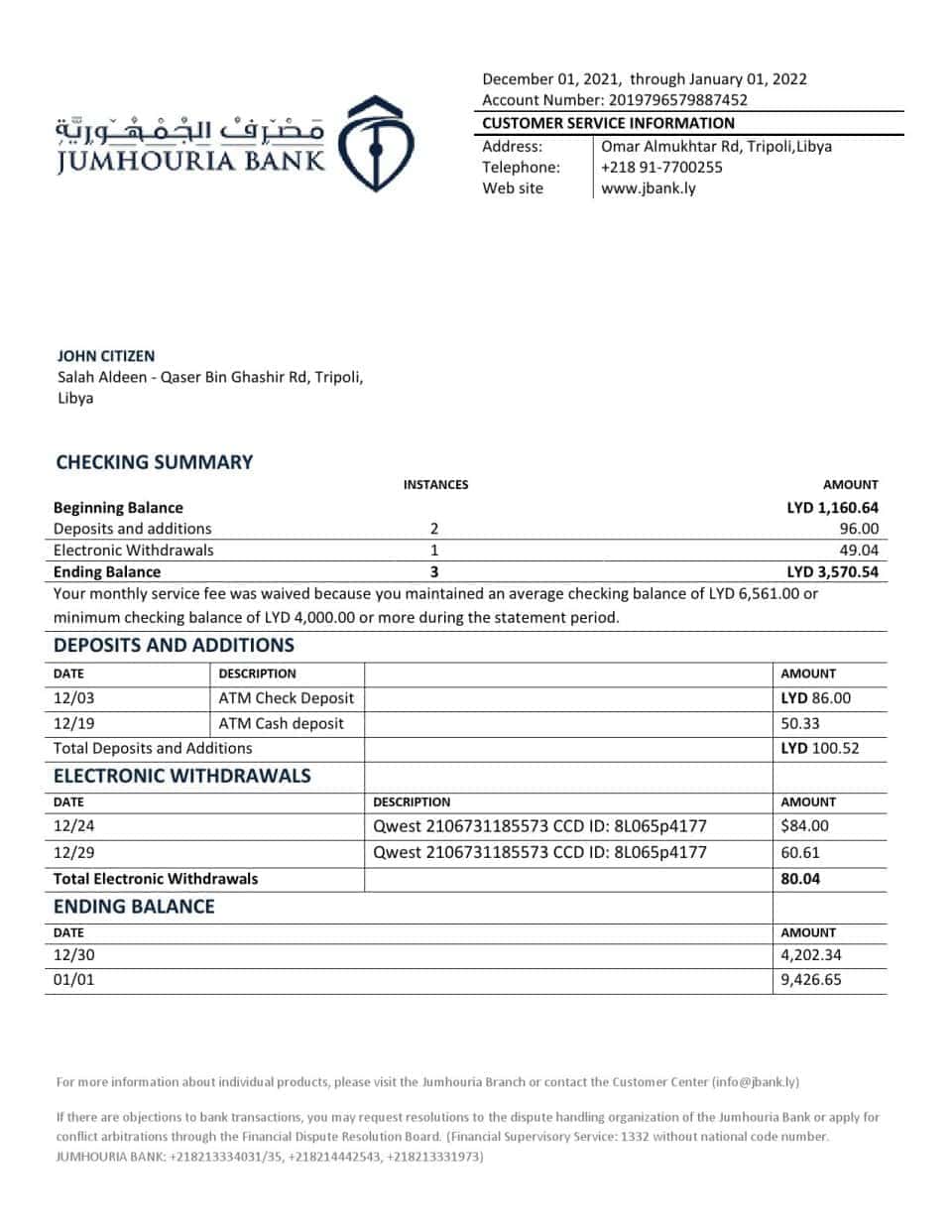 Libya Jumhouria Bank statement template in Word and PDF format