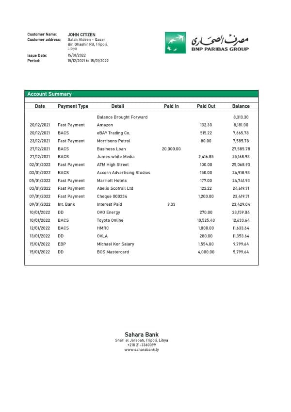 Libya Sahara Bank statement template in Word and PDF format