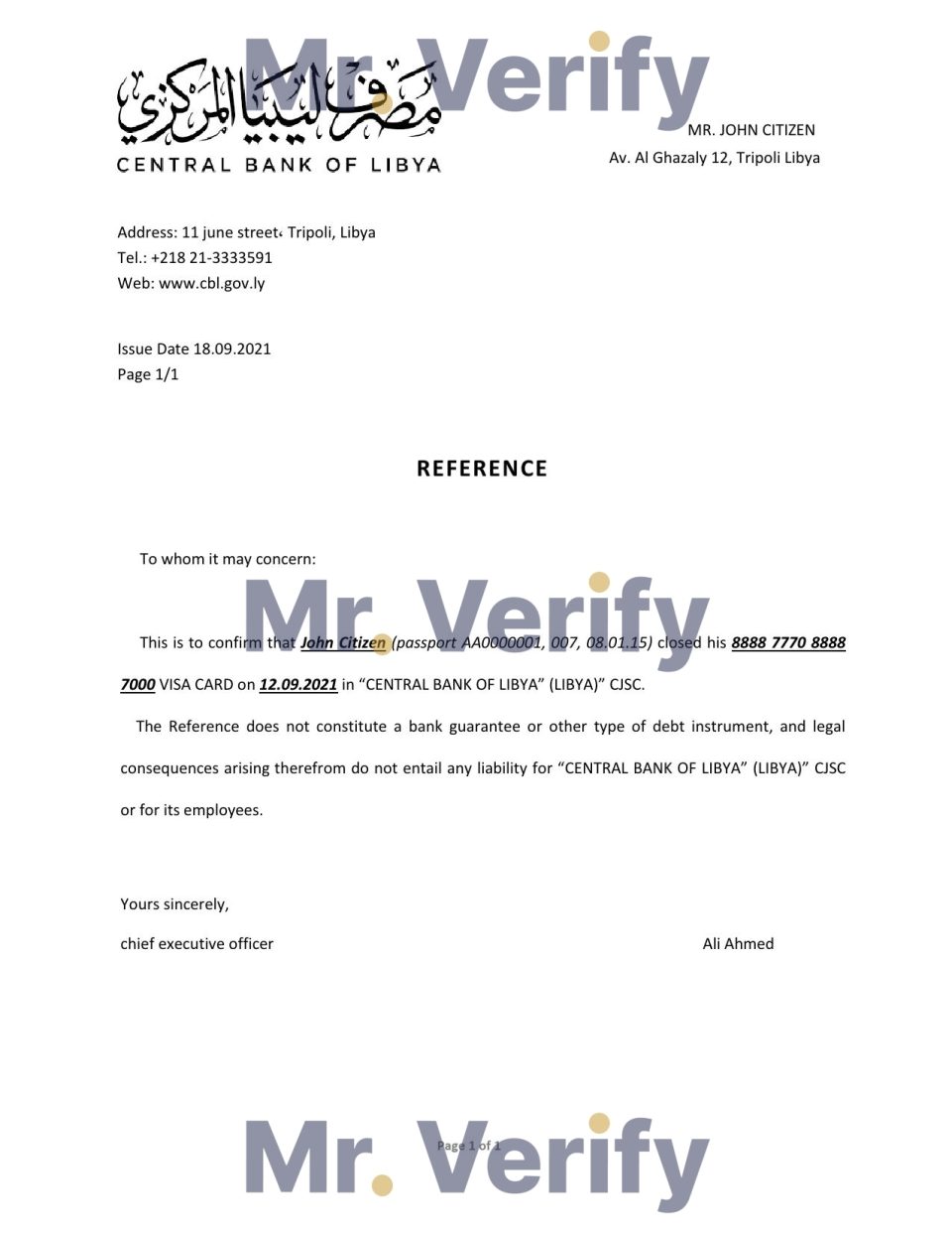 Download Libya Central Bank Reference Letter Templates | Editable Word