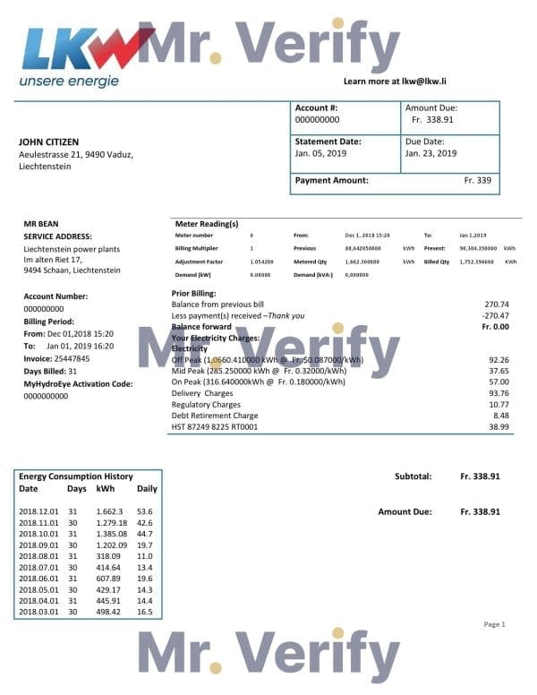 Liechtenstein Ische Kraftwerke (LKW) electricity utility bill template in Word and PDF format