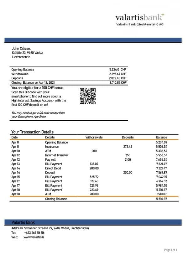 Liechtenstein Valartis bank statement template in Word and PDF format
