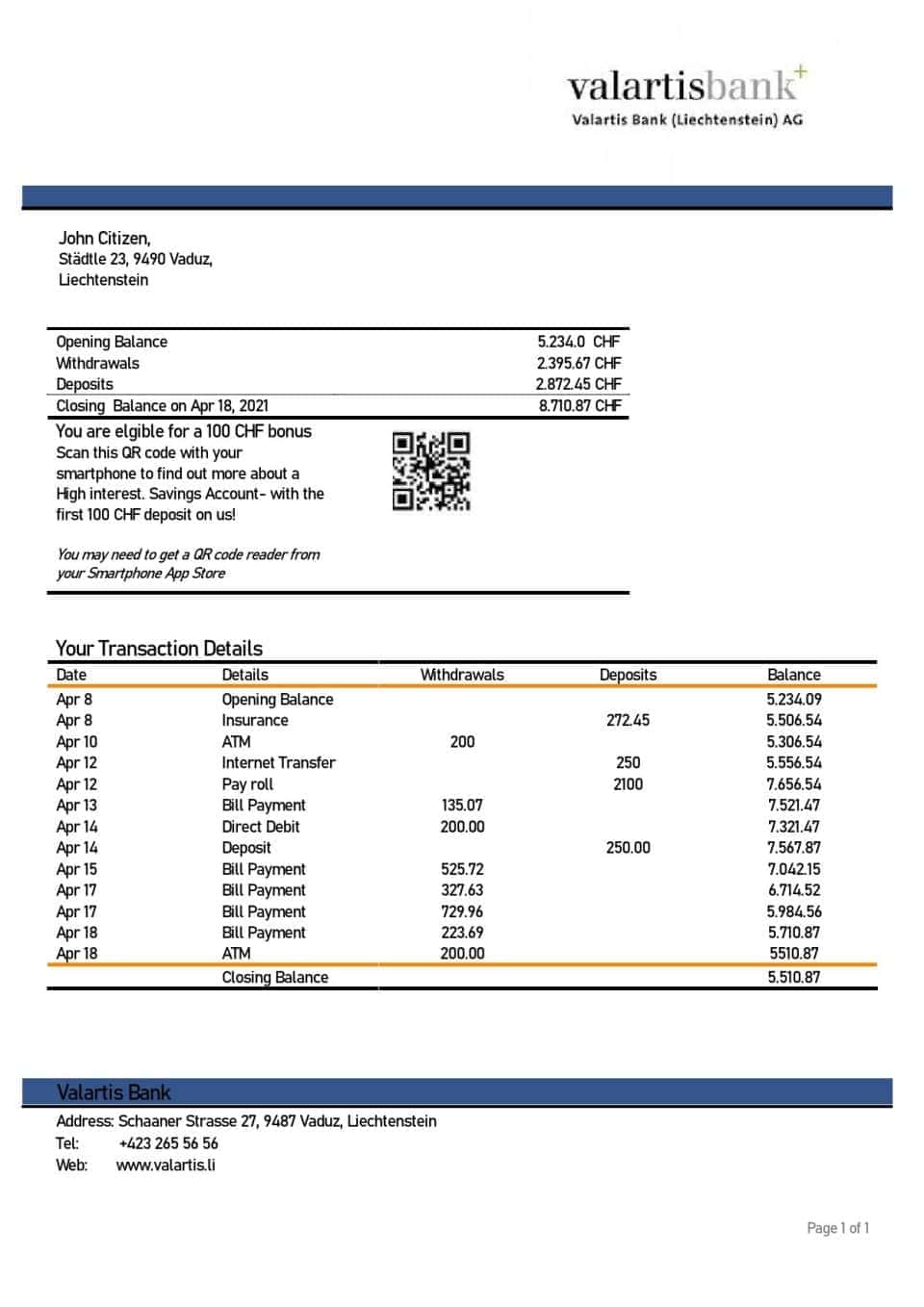 Liechtenstein Valartis bank statement template in Word and PDF format