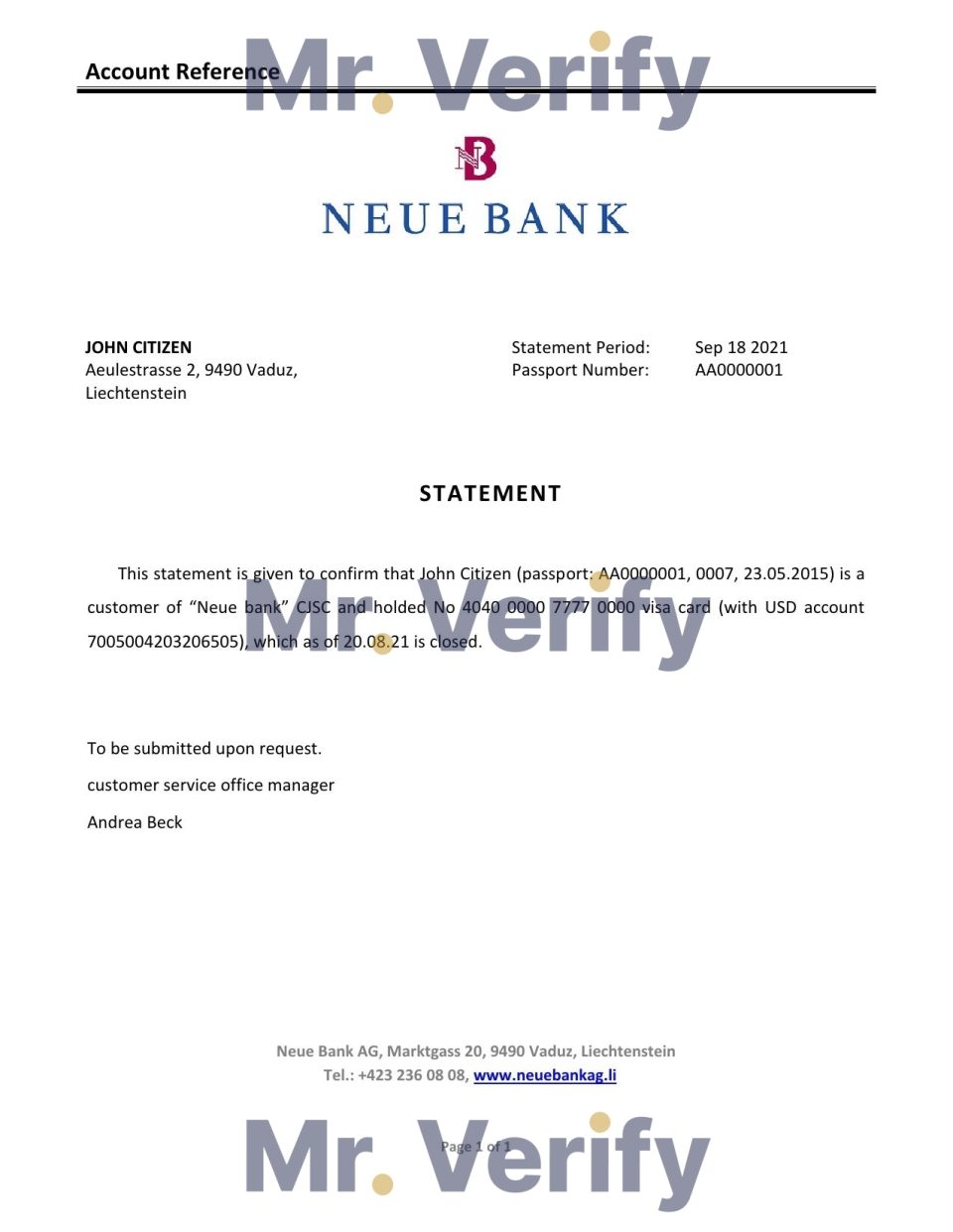 Download Liechtenstein Neue Bank Reference Letter Templates | Editable Word