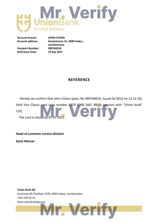 Download Liechtenstein Union Bank Reference Letter Templates | Editable Word