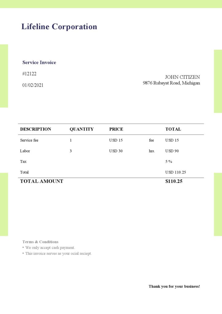 USA Lifeline Corporation invoice template in Word and PDF format, fully editable, version 1