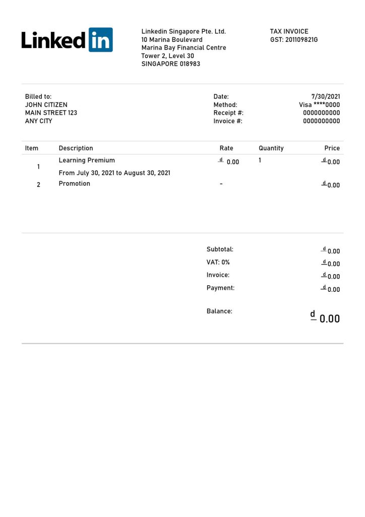 USA Linkedin invoice template in Word and PDF format