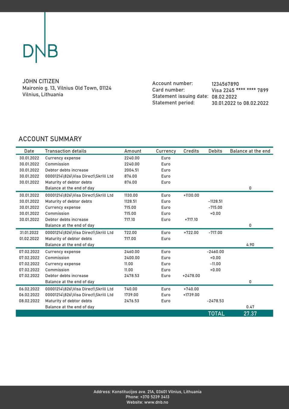 Lithuania (Litva) DNB bank statement template in Word and PDF format