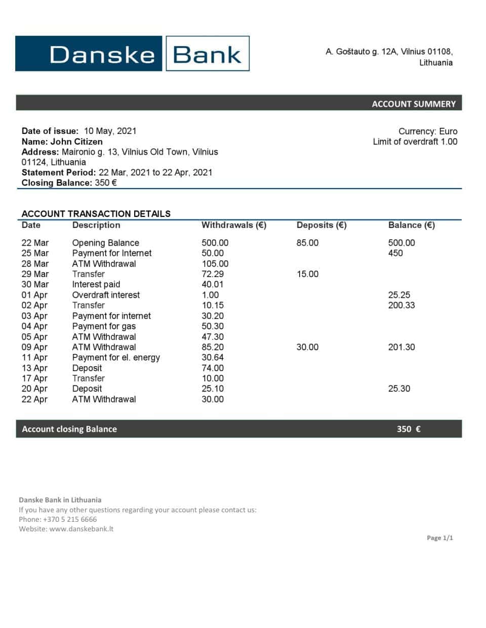 Lithuania (Litva) Danske bank statement template in Word and PDF format
