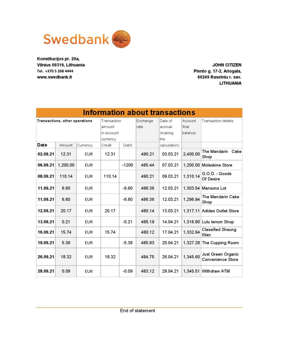 Lithuania Swedbank bank statement easy to fill template in .xls and .pdf file format