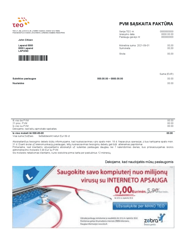 Lithuania Teo utility bill template in Word and PDF format (.doc and .pdf)