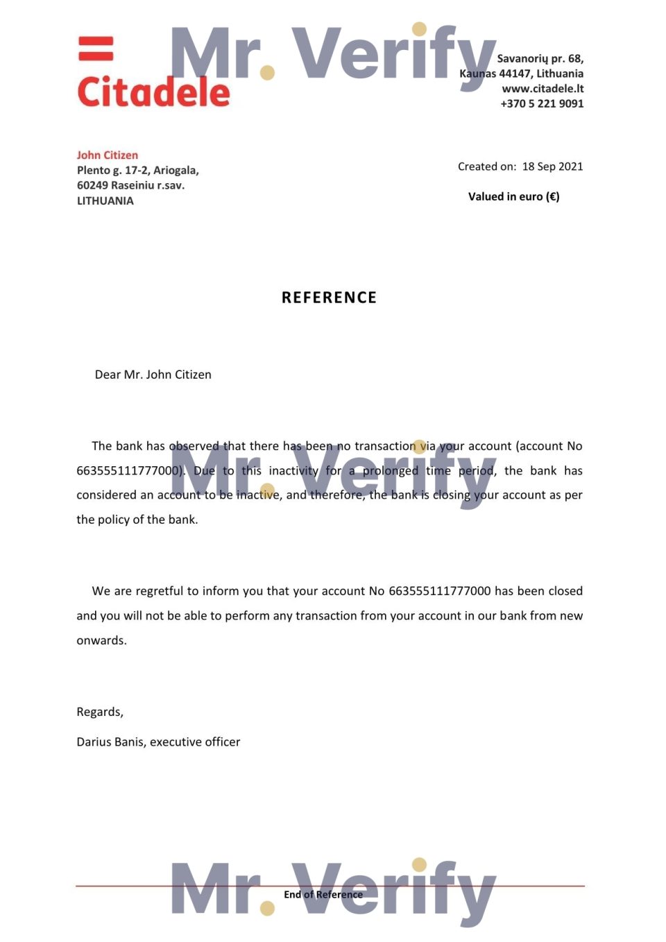 Download Lithuania Citadele Bank Reference Letter Templates | Editable Word