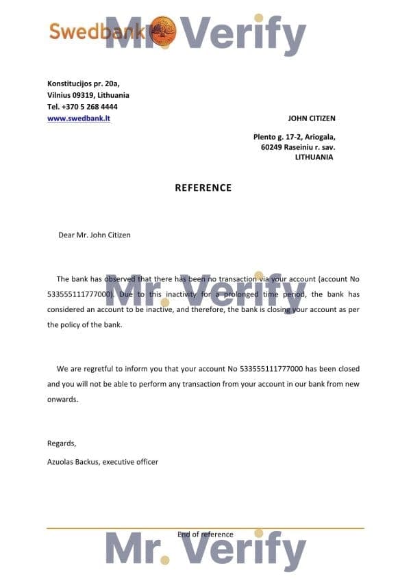 Download Lithuania Swedbank Bank Reference Letter Templates | Editable Word