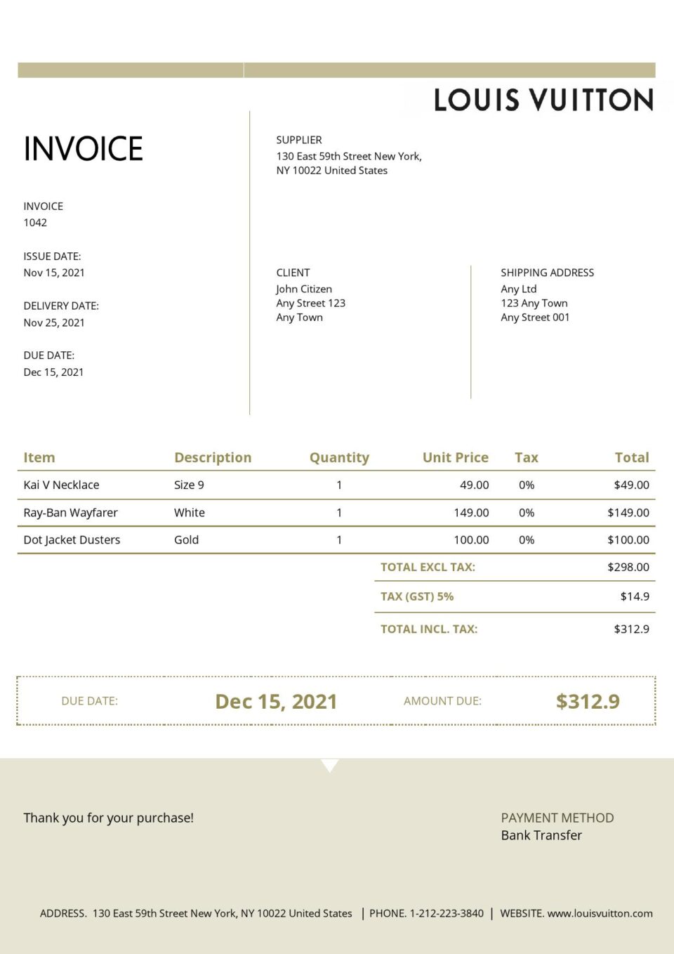 USA Louis Vuitton invoice template in Word and PDF format