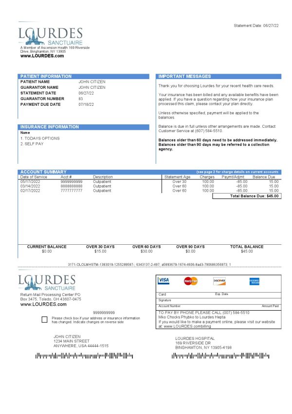 USA Lourdes utility bill template in Word and PDF format