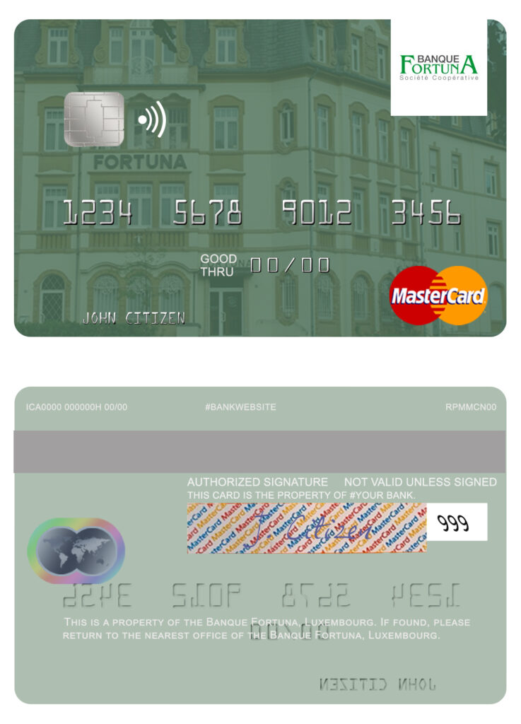 Editable Luxembourg Banque Fortuna mastercard credit card Templates in PSD Format