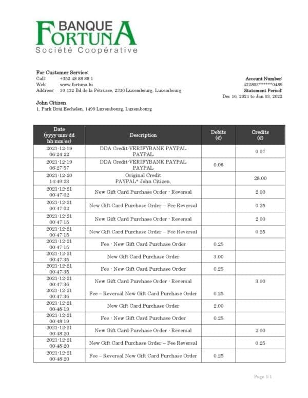 Luxembourg Fortuna Banque bank proof of address statement template in Word and PDF format, .doc and .pdf format