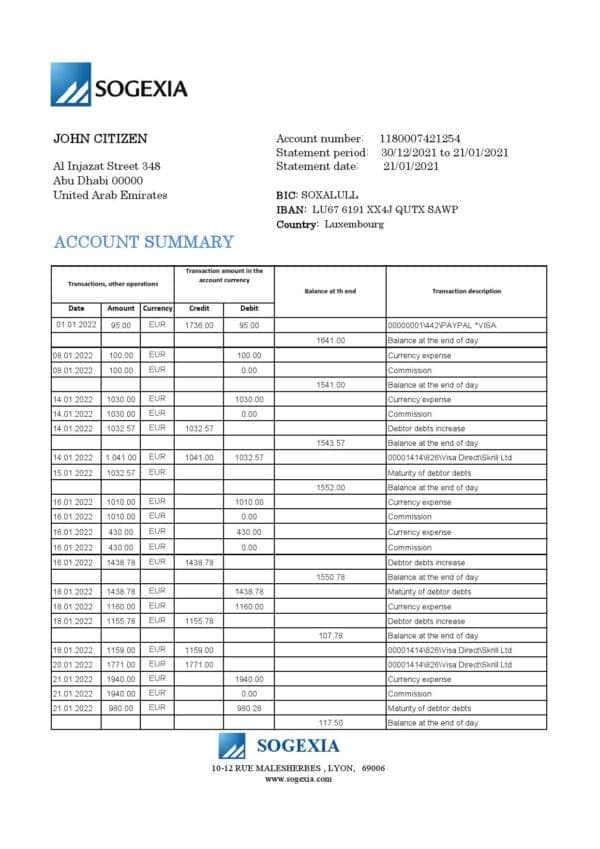 Luxembourg Sogexia Bank statement template in Excel and PDF format