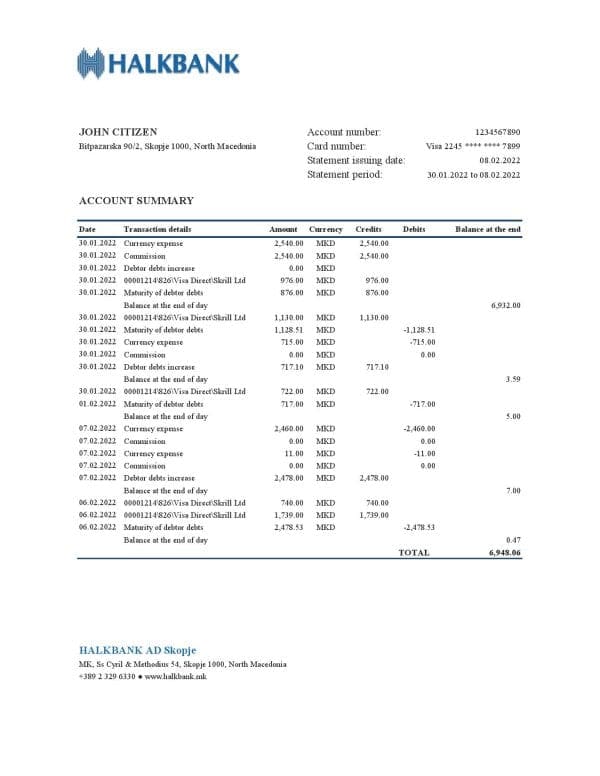 Macedonia Halkbank bank statement Excel and PDF template