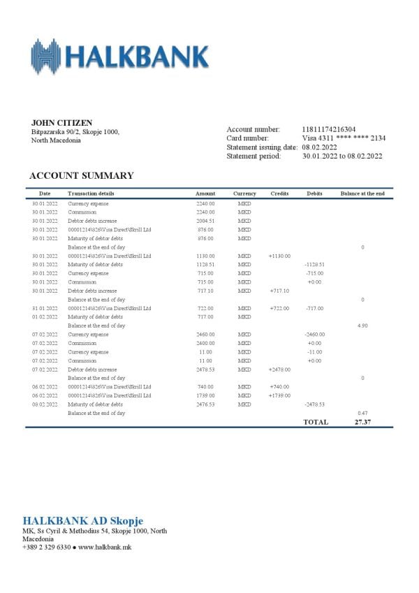 Macedonia Halkbank bank statement template in Word and PDF format