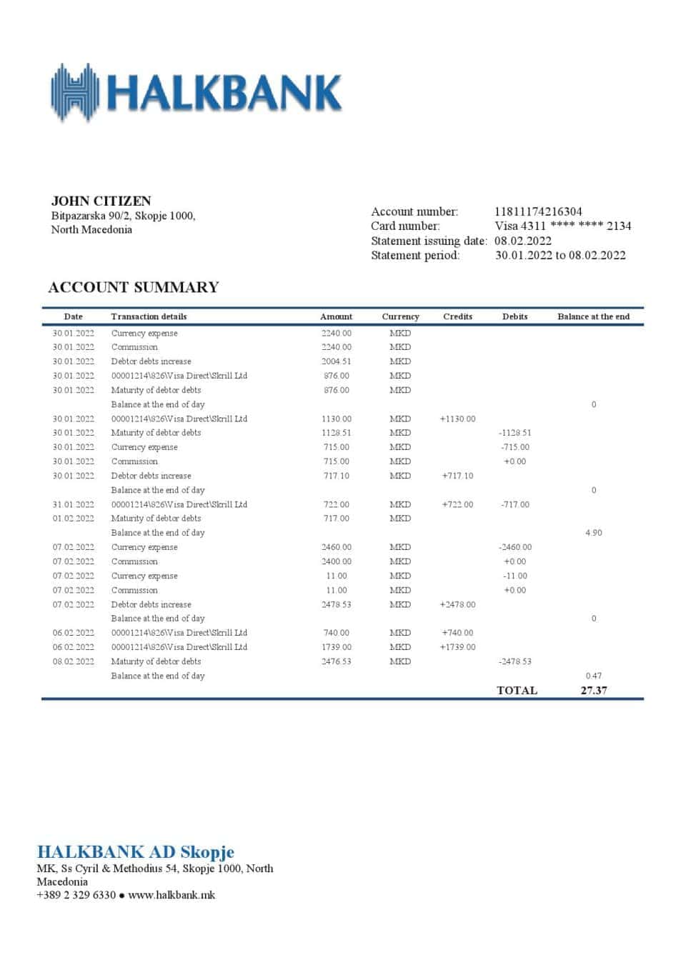 Macedonia Halkbank bank statement template in Word and PDF format