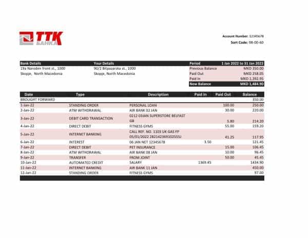 Macedonia TTK bank statement Excel and PDF template