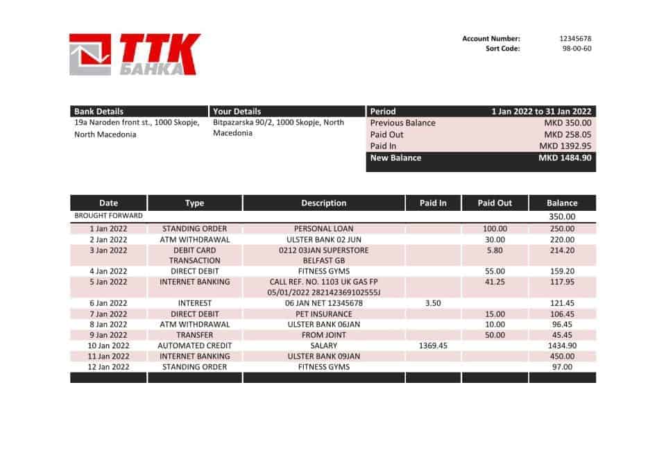 Macedonia TTK bank statement template in Word and PDF format