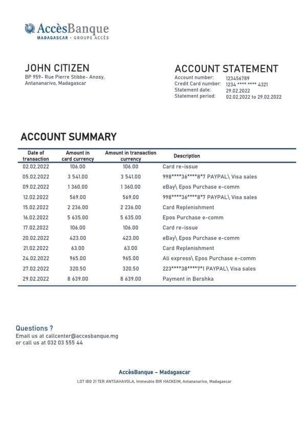 Madagascar Acces Banque bank statement template in Word and PDF format