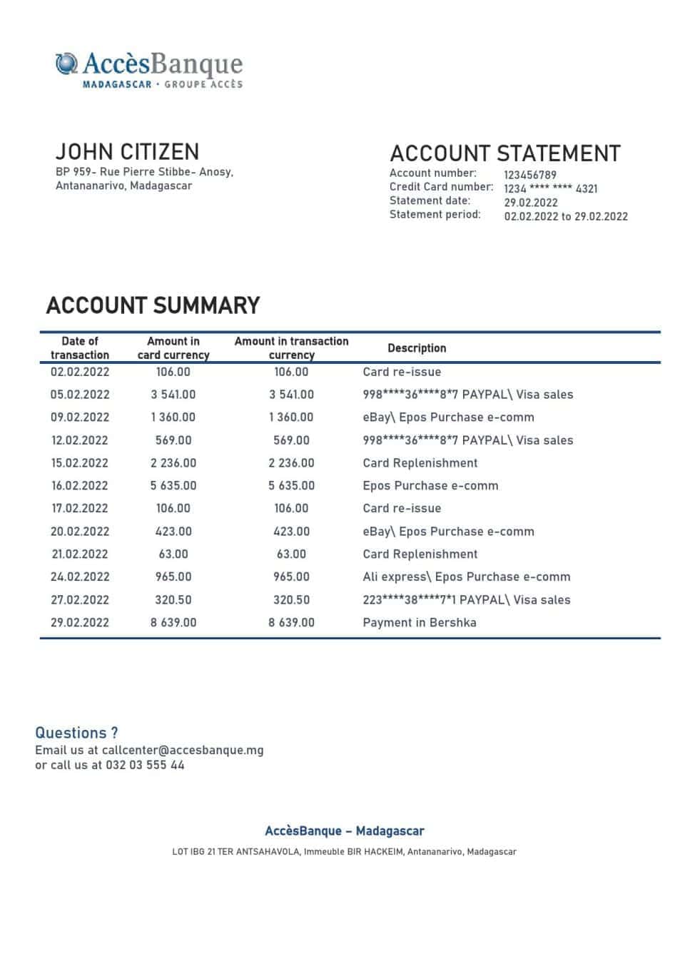 Madagascar Acces Banque bank statement template in Word and PDF format