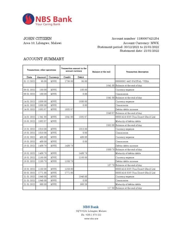 Malawi NBS bank statement Excel and PDF template