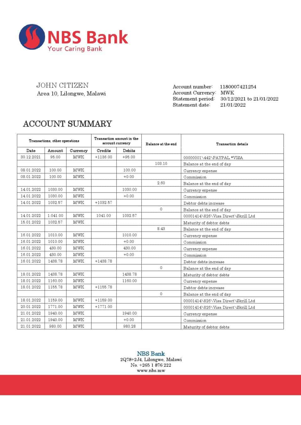 Malawi NBS bank statement template in Word and PDF format