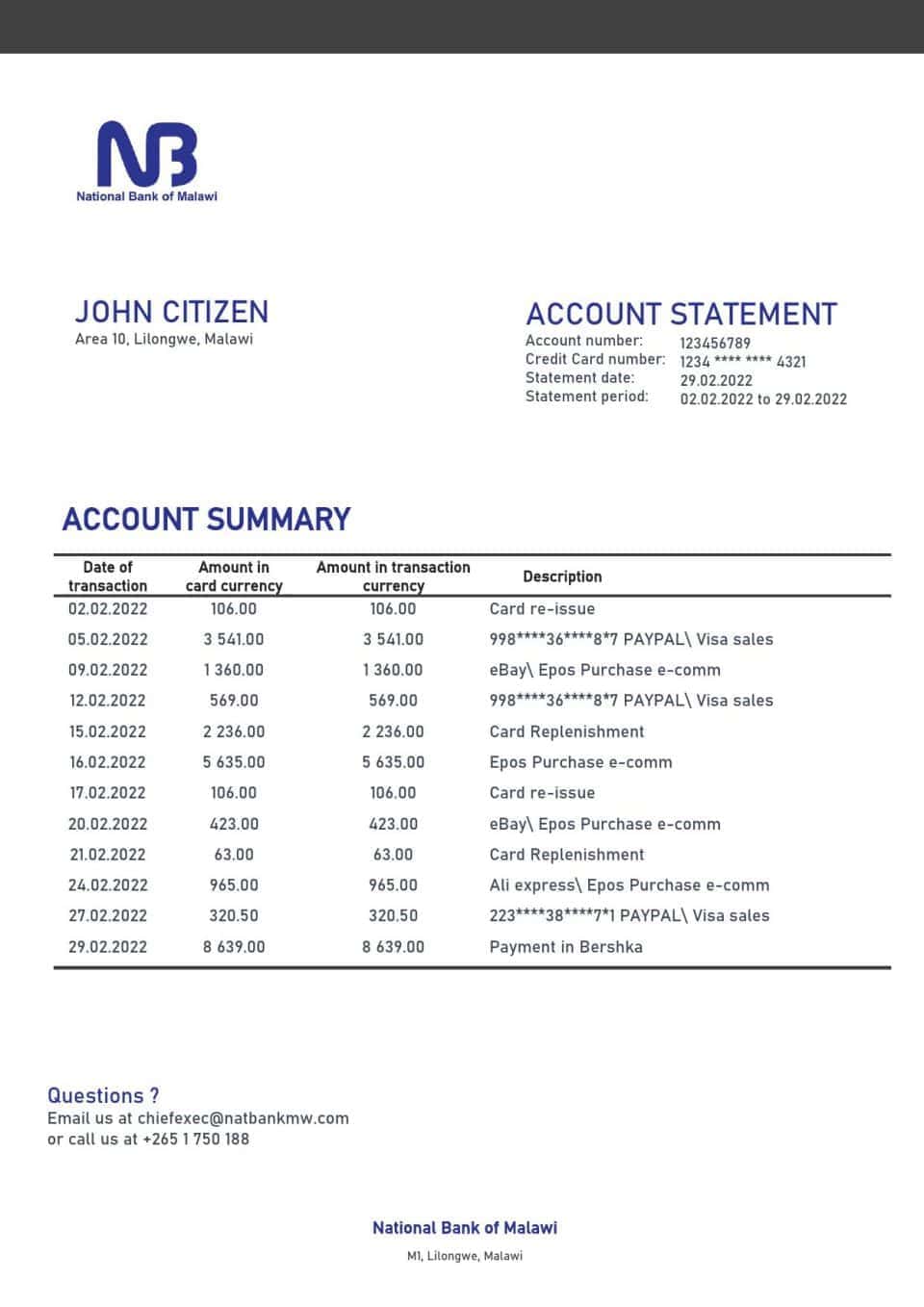 Malawi National Bank of Malawi bank statement template in Word and PDF format