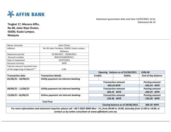 Malaysia Affin bank statement template in Word and PDF format
