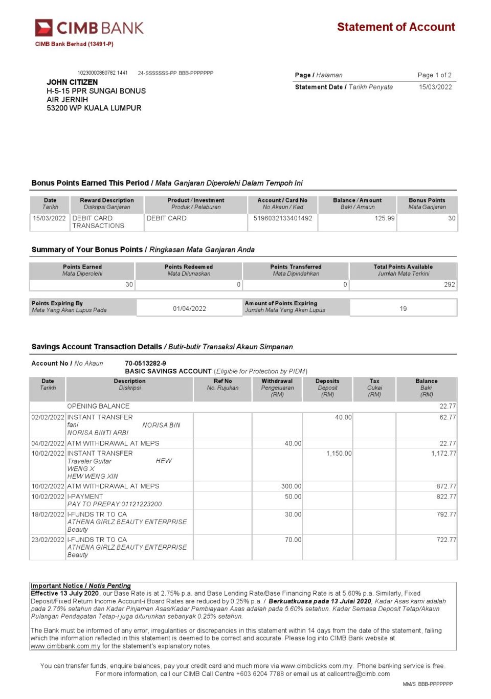 Malaysia CIMB bank statement Word and PDF template, 2 pages