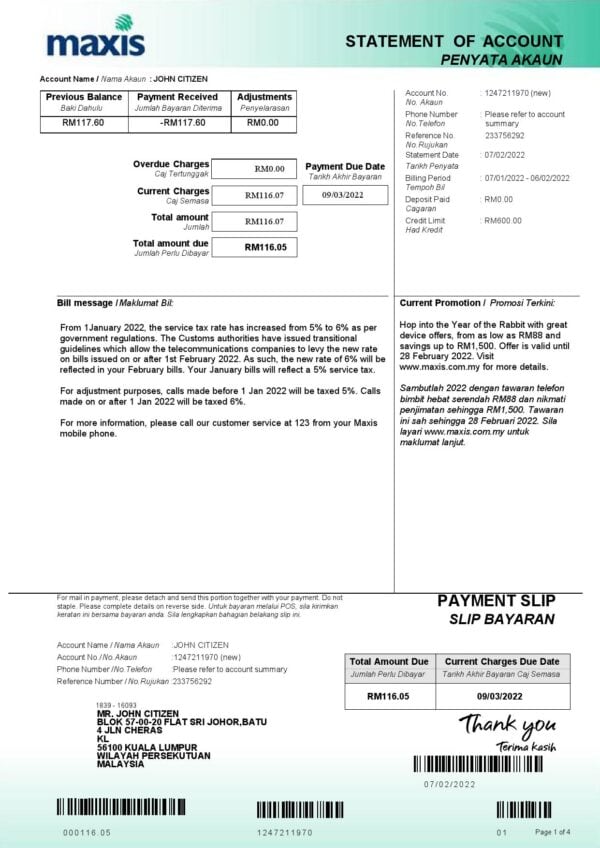 Malaysia Maxis bank statement, Word and PDF template, 5 pages