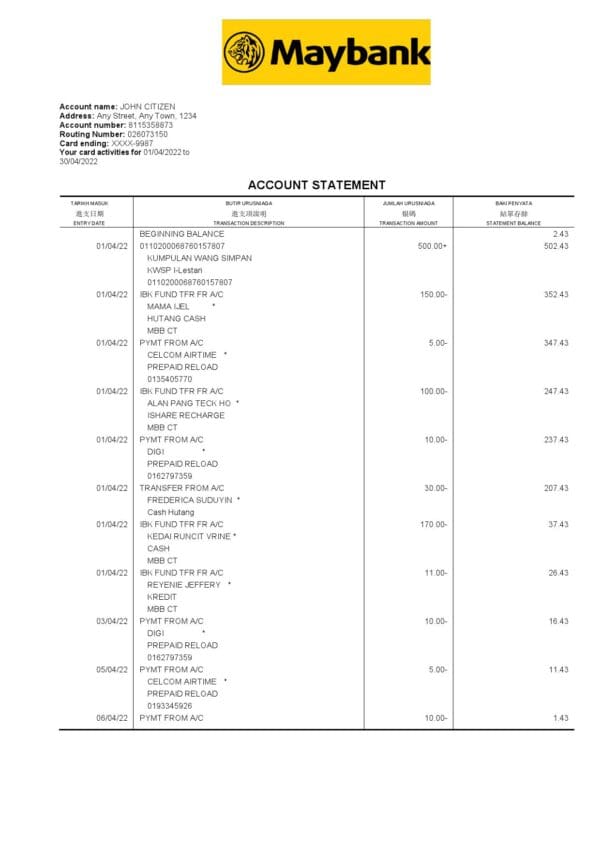 Malaysia Maybank bank statement Word and PDF template, 2 pages