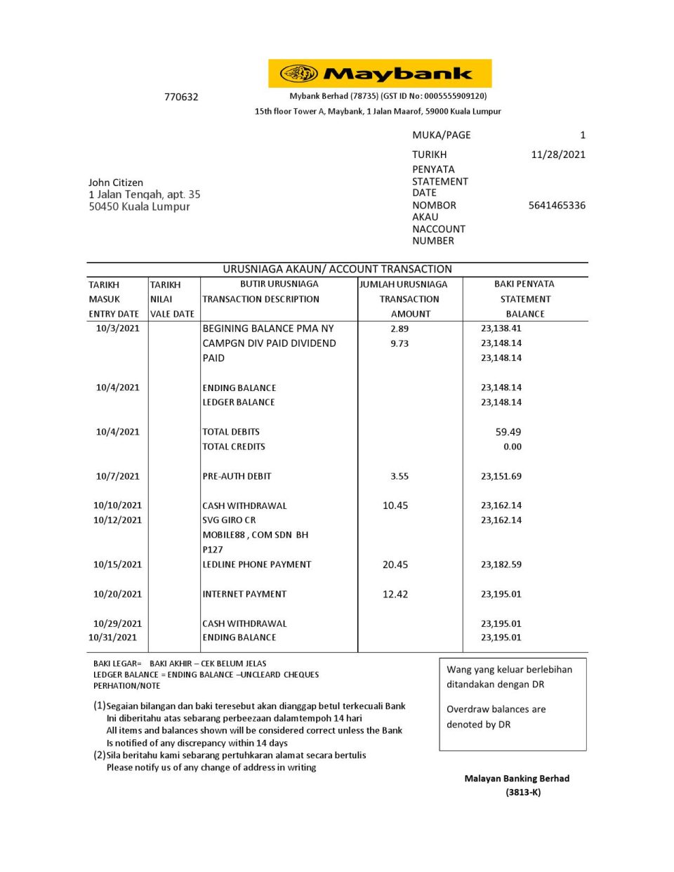 Malaysia Maybank bank statement easy to fill template in .xls and .pdf file format