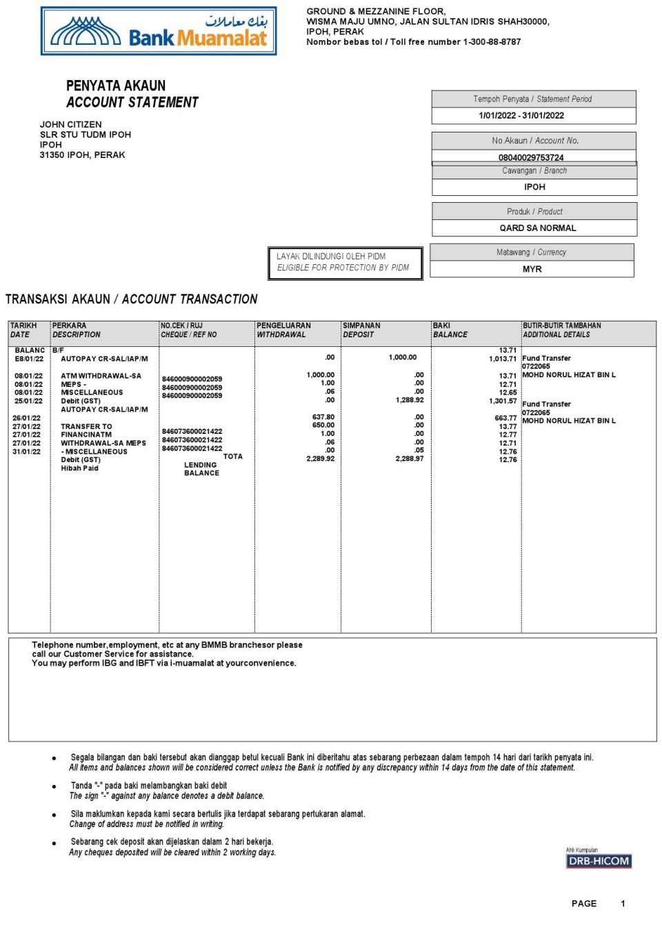 Malaysia Bank Muamalat bank account statement, Word and PDF template