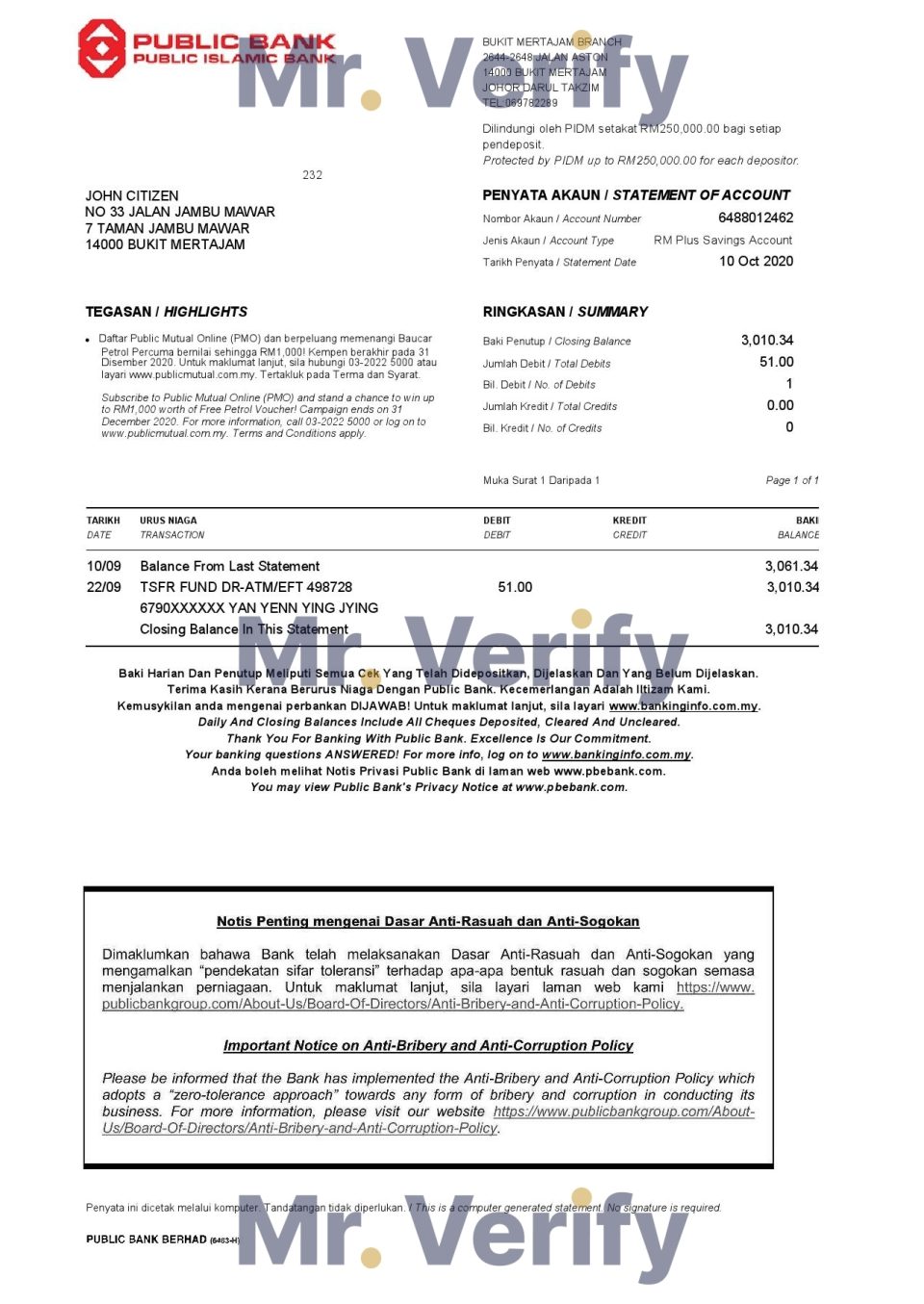 Malaysia Public bank statement template in Word and PDF format