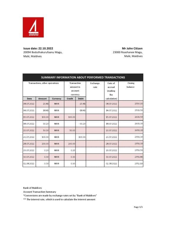 Maldives Bank of Maldives bank statement Excel and PDF template