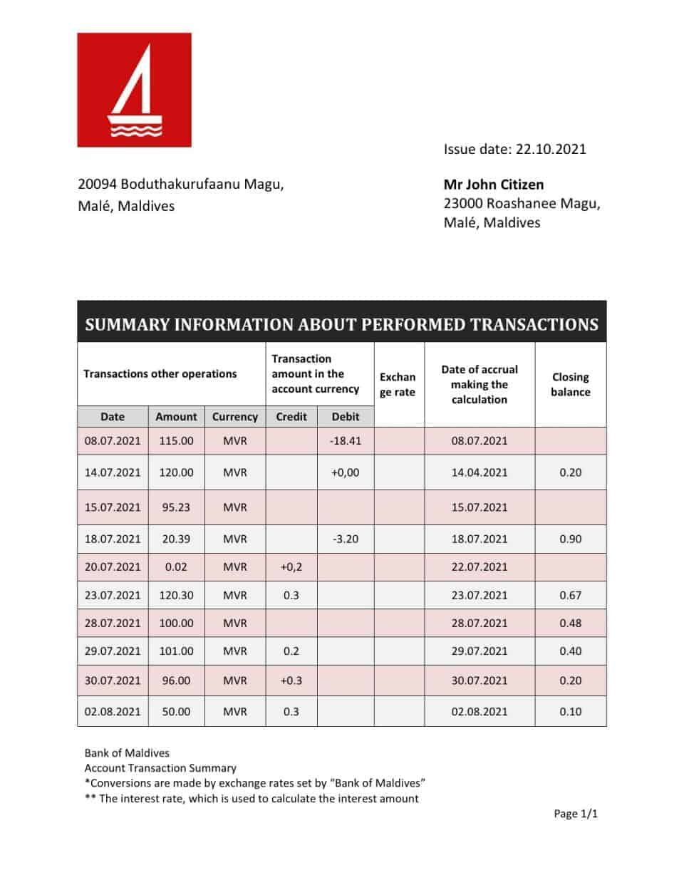 Maldives Bank of Maldives bank statement template in Word and PDF format