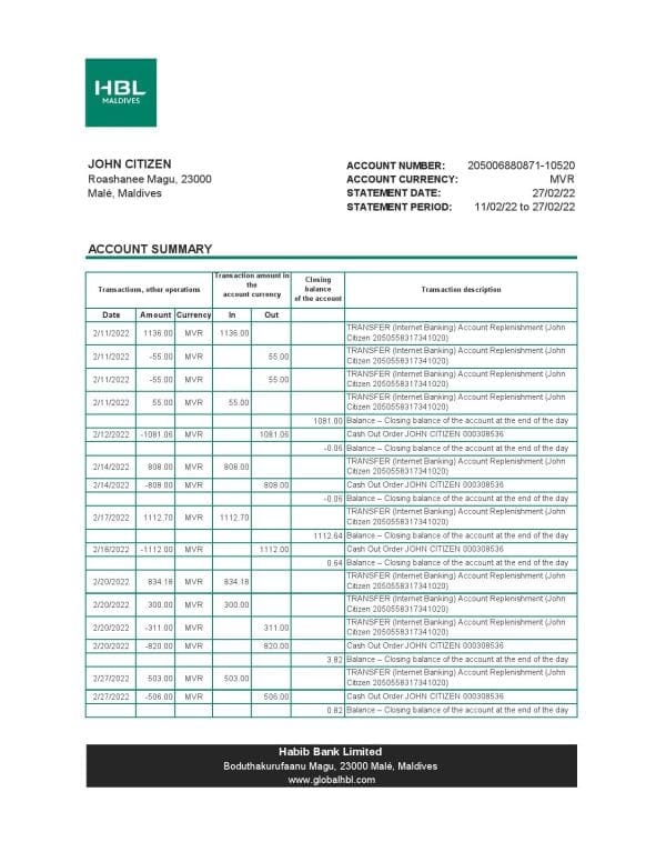 Maldives HBL bank statement Excel and PDF template