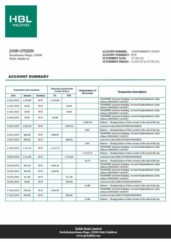 Maldives HBL bank statement template in Word and PDF format