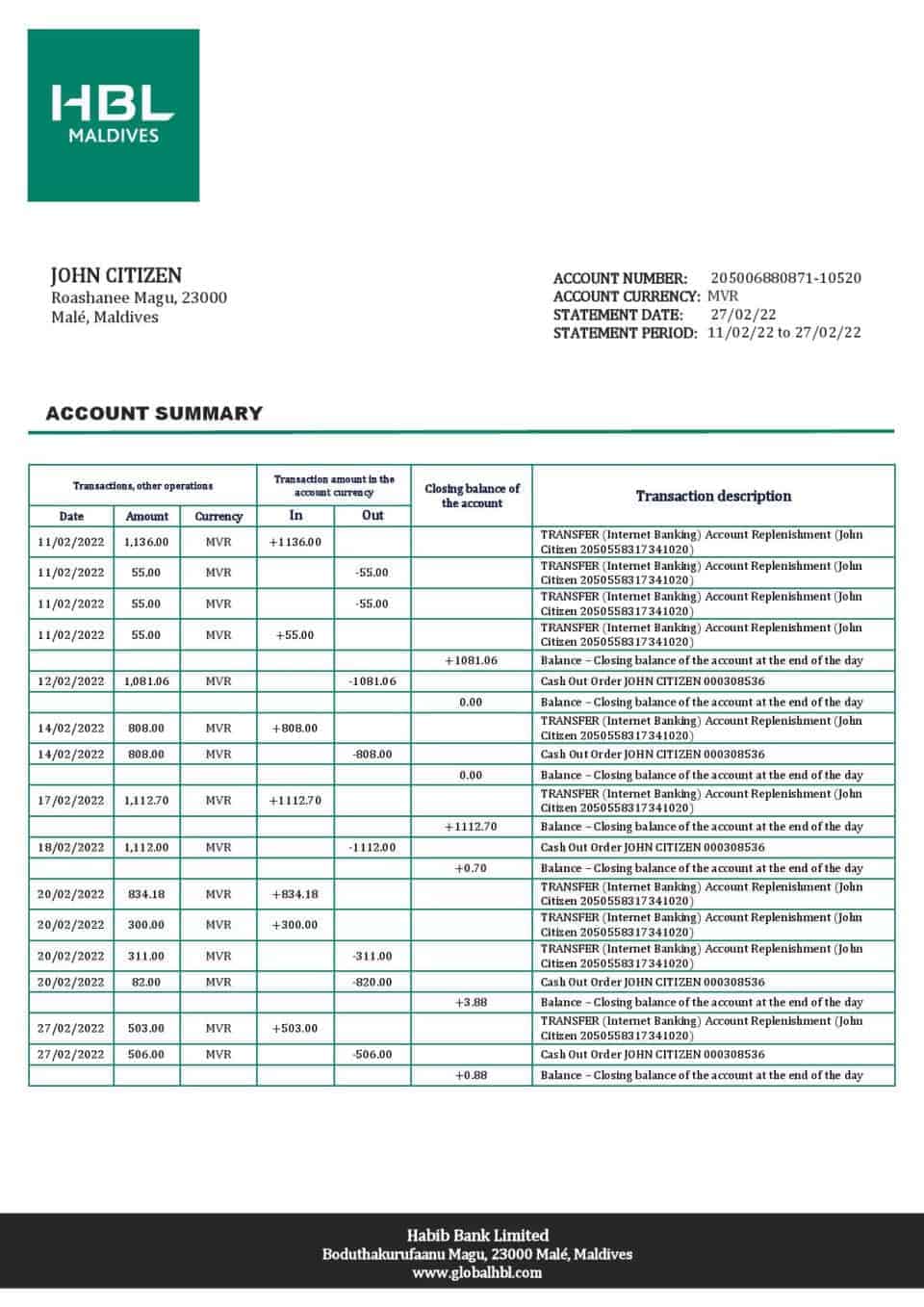 Maldives HBL bank statement template in Word and PDF format