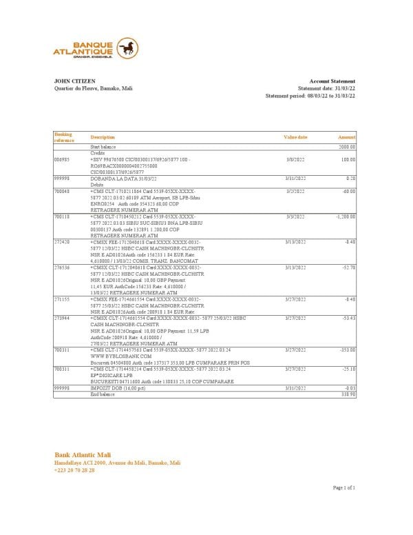 Mali Banque Atlantiaque bank statement Excel and PDF template