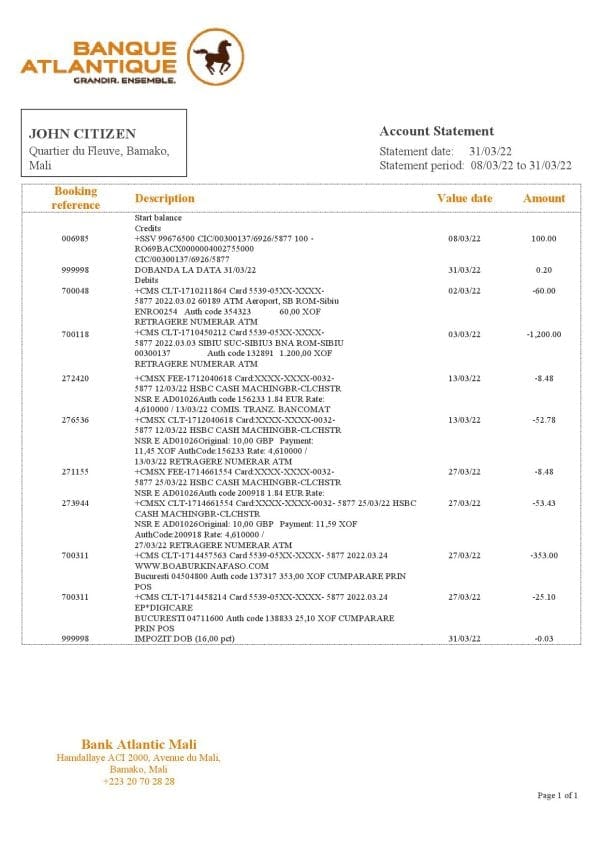 Mali Banque Atlantiaque bank statement template in Word and PDF format, .doc and .pdf format