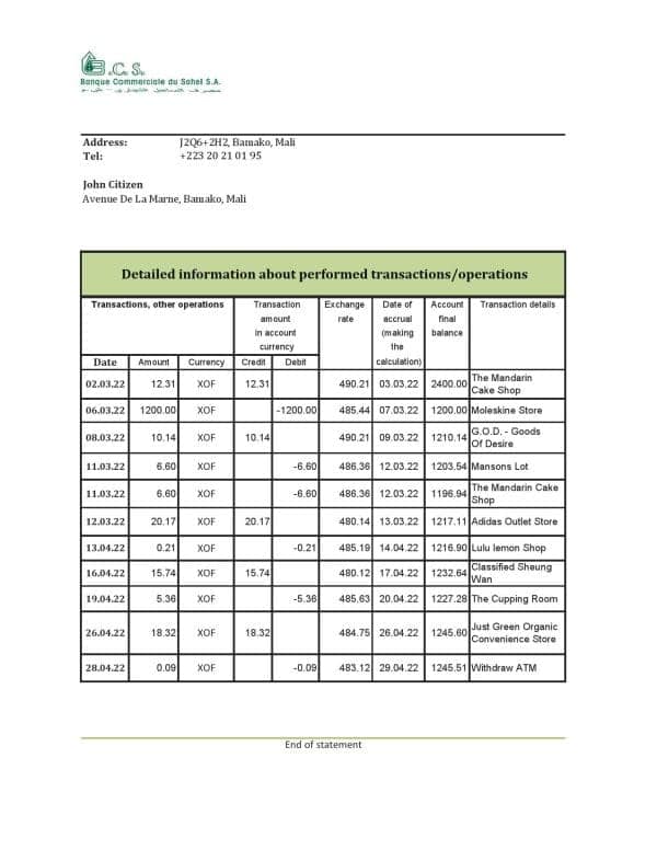 Mali Banque Commerciale du Sahel bank statement Excel and PDF template