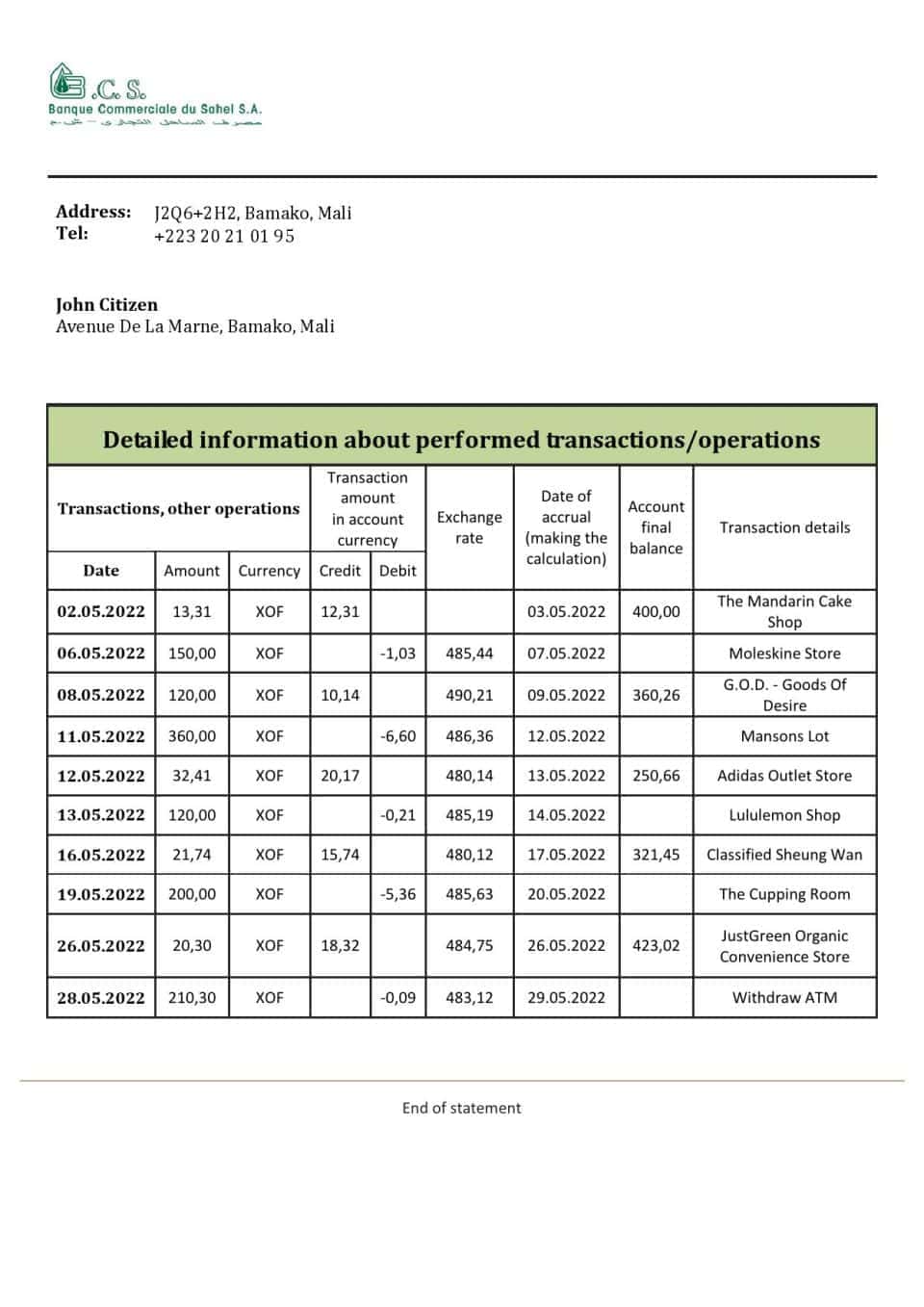 Mali Banque Commerciale du Sahel bank statement template in Word and PDF format, .doc and .pdf format