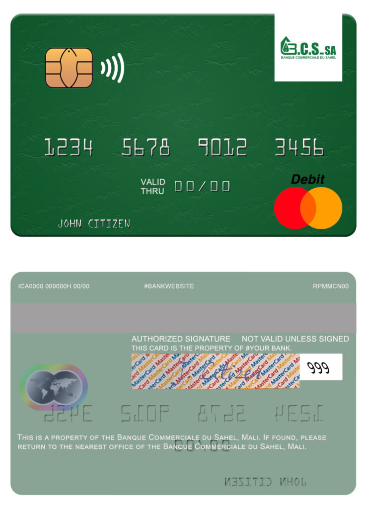 Editable Mali Banque Commerciale du Sahel mastercard credit card Templates in PSD Format
